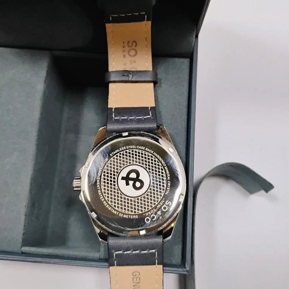 So & Co New York Madison Men's Watch 5594 Silver Tone Case  Blue Leather 44mm